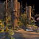 Production Designer Nelson Lowry working on a forest set for Kubo at the Two Strings. You can see how far it is off the ground, and the incredible detail. Image: John Leonhardt, Laika Studios / Universal Pictures